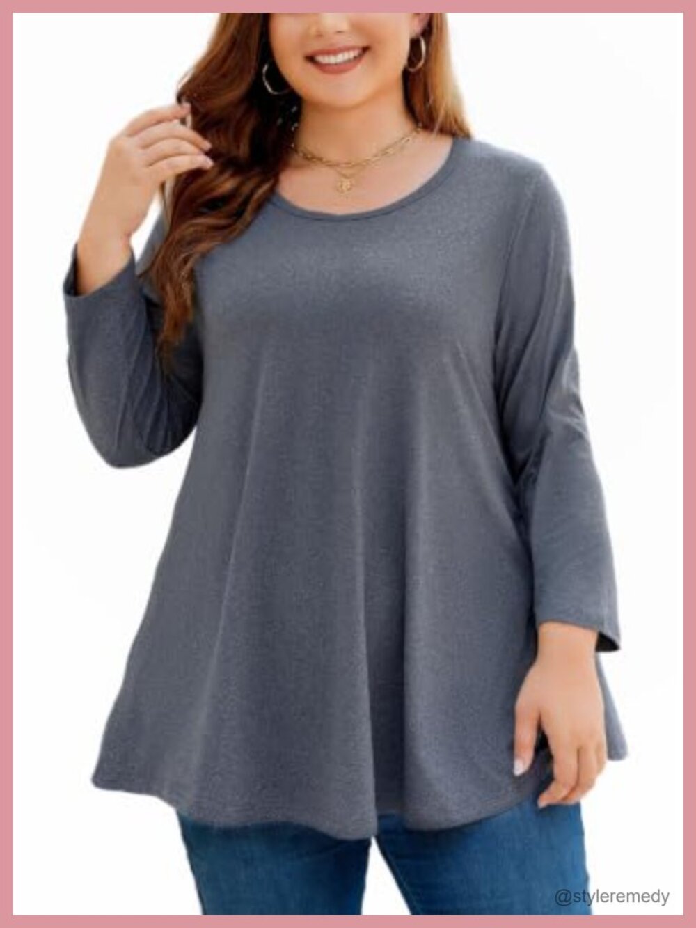 Plus Size 3/4 Sleeve Swing Flowy Tunic Top Round Neck Blouse